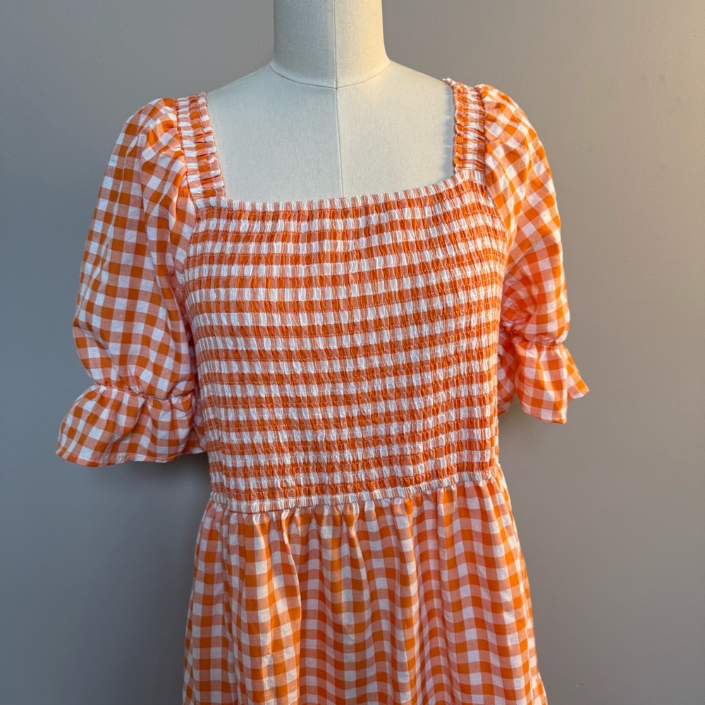 Zesica Orange Checkered Midi Dress with Puff Sleeves - Picture 4 of 15
